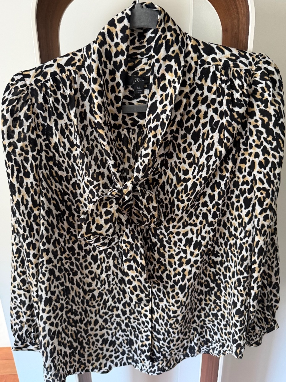 J.Crew 100% Silk Leopard Animal Print Tie Neck Blouse XS